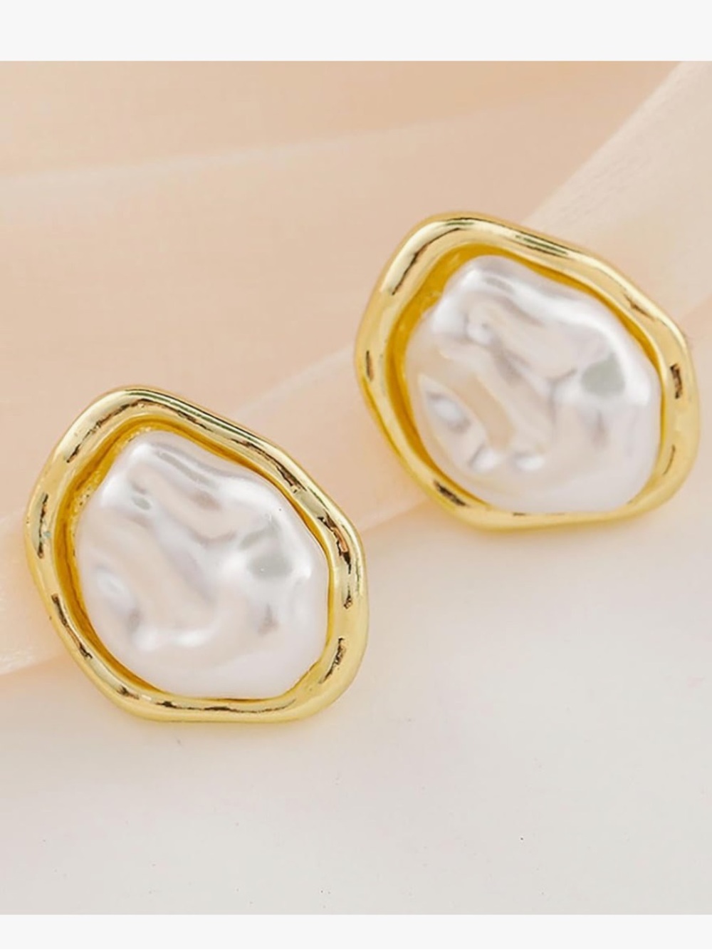 14k Gold Plated Frame Irregular White Pearl Stud Earrings - Picture 4 of 6